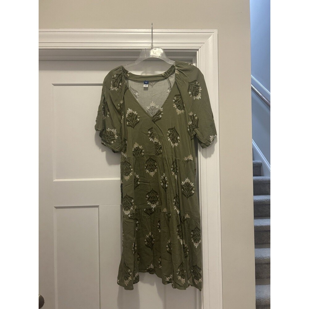 Old Navy Tiered Mini Swing Dress Large Tall Green Floral Short Sleeve V-Neck